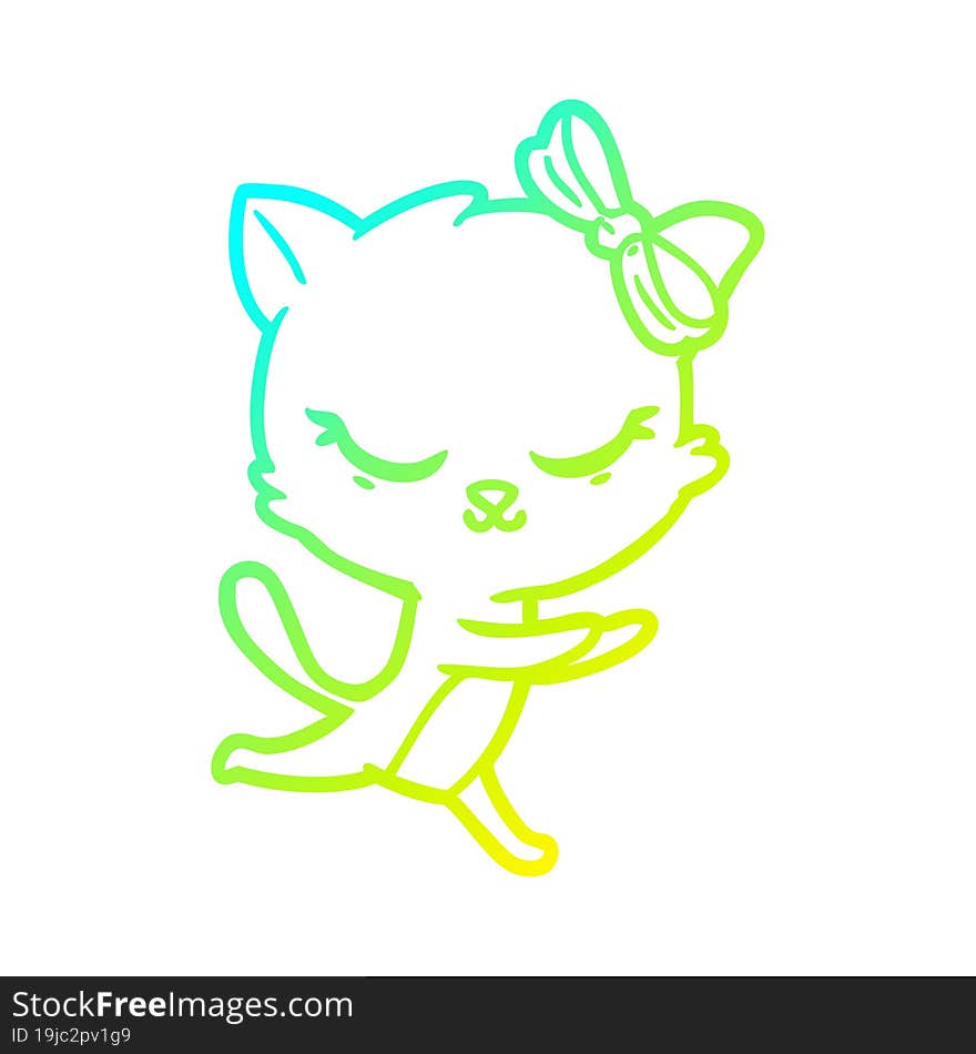 Cold Gradient Line Drawing Cute Cartoon Cat With Bow