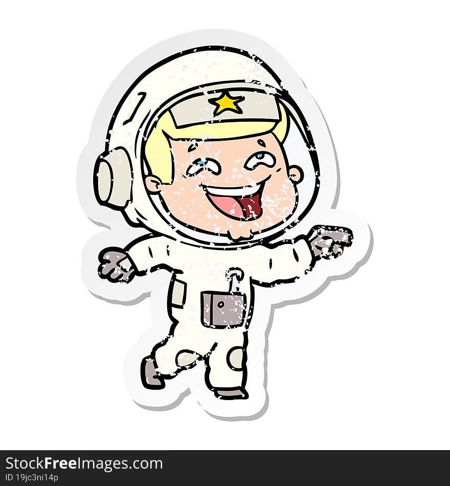 distressed sticker of a cartoon laughing astronaut