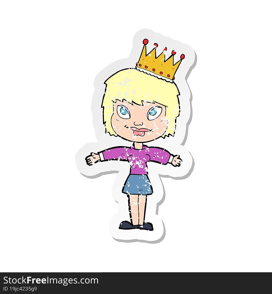 retro distressed sticker of a cartoon person wearing crown