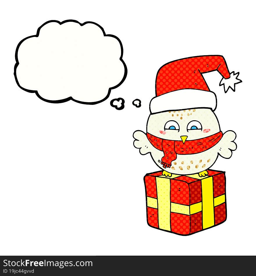 thought bubble cartoon cute christmas owl on gift