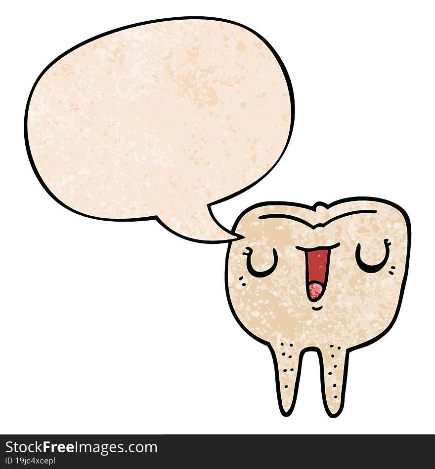 Cartoon Happy Tooth And Speech Bubble In Retro Texture Style