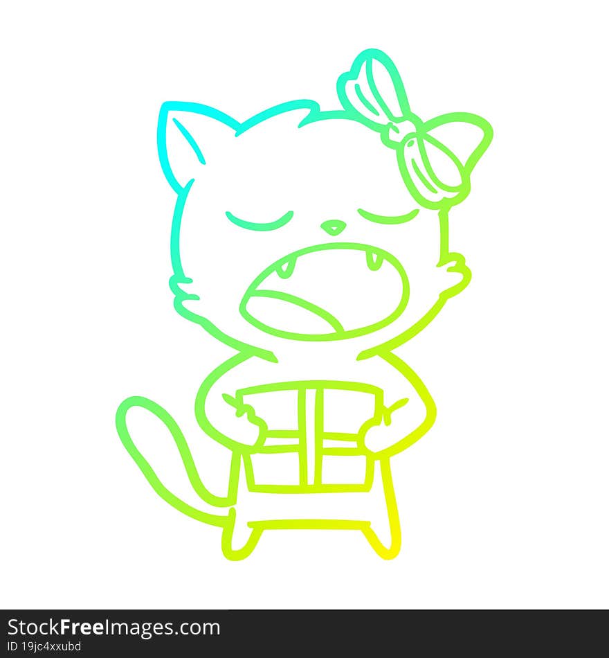 Cold Gradient Line Drawing Cartoon Cat With Christmas Present