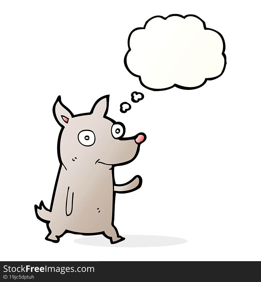 cartoon little dog waving with thought bubble