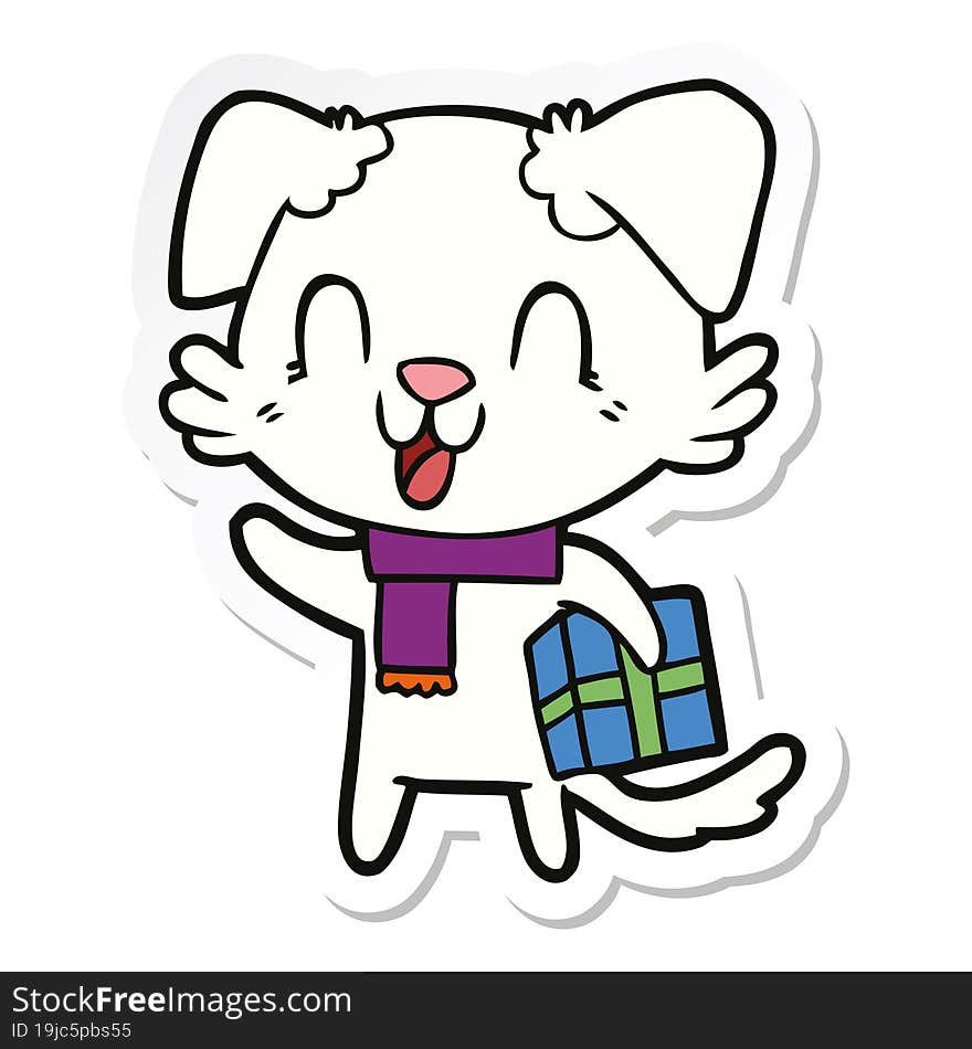 sticker of a laughing cartoon dog with christmas present