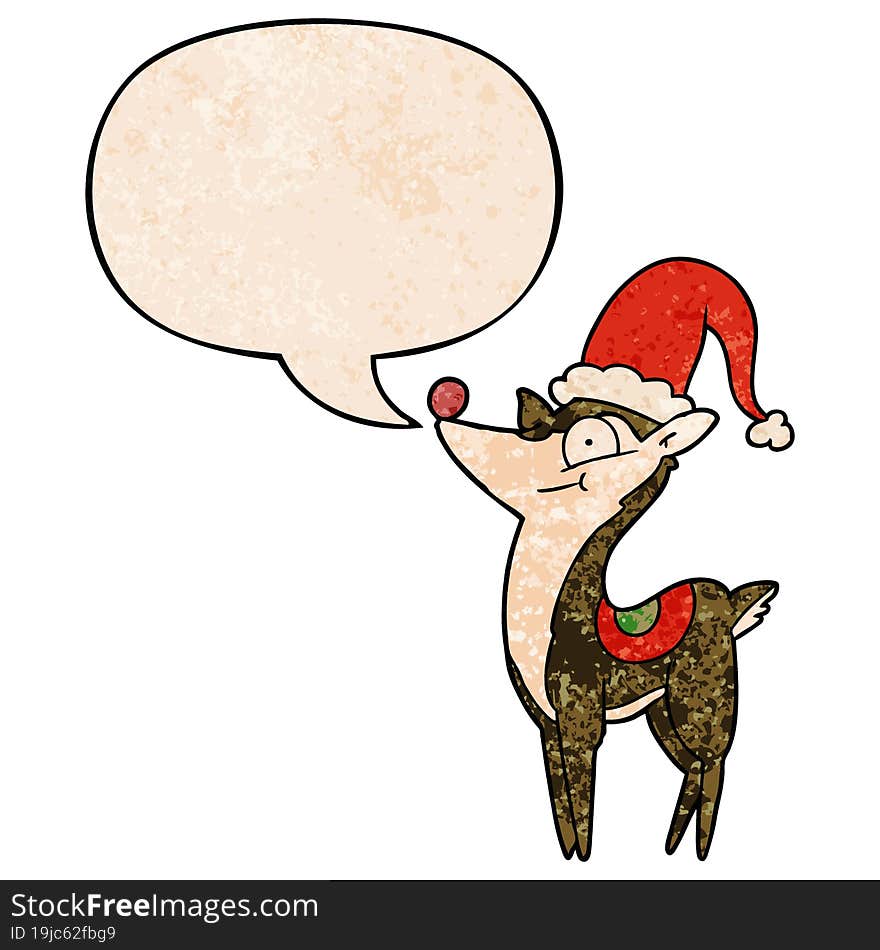 cartoon christmas reindeer with speech bubble in retro texture style