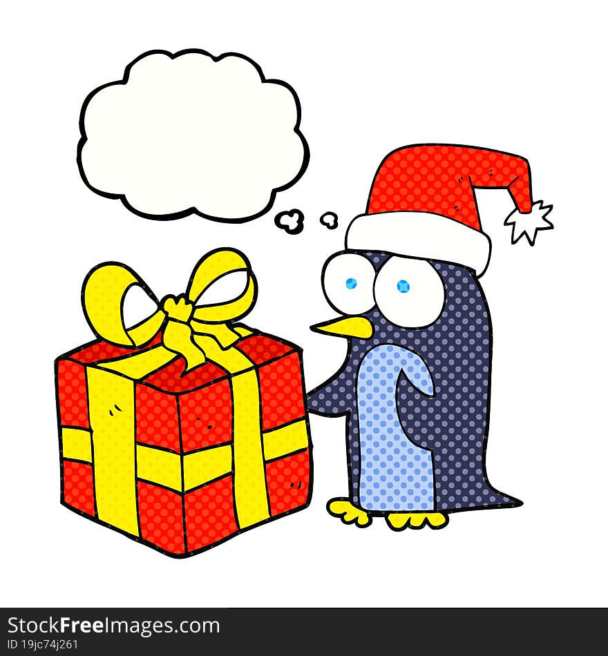 freehand drawn thought bubble cartoon christmas penguin with present