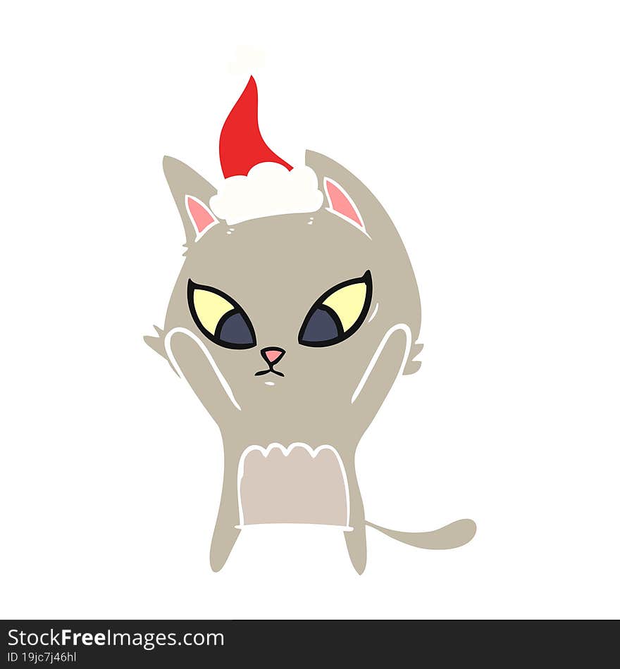 Confused Flat Color Illustration Of A Cat Wearing Santa Hat