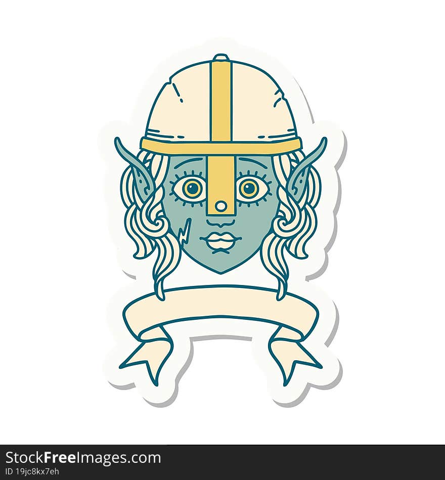 sticker of a elf fighter character face with banner. sticker of a elf fighter character face with banner