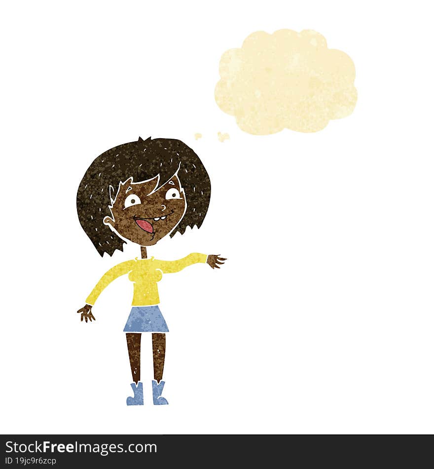 cartoon waving woman with thought bubble