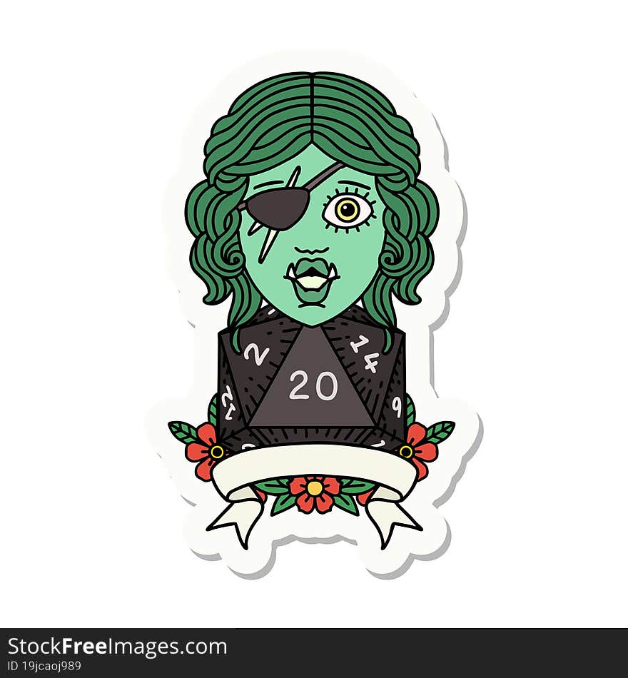 half orc rogue character with natural twenty dice roll sticker