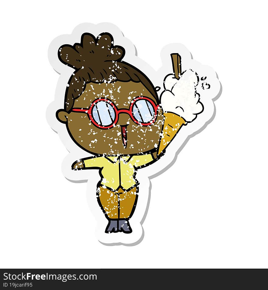 distressed sticker of a cartoon woman wearing spectacles with ice cream