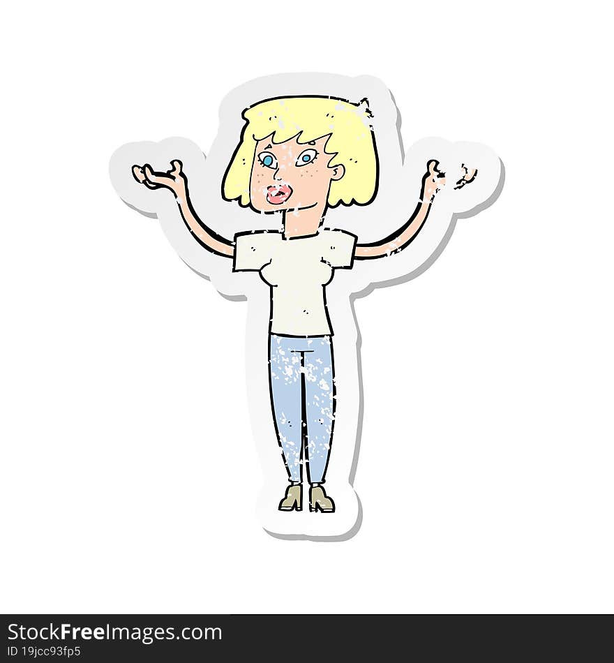 retro distressed sticker of a cartoon woman holding up hands