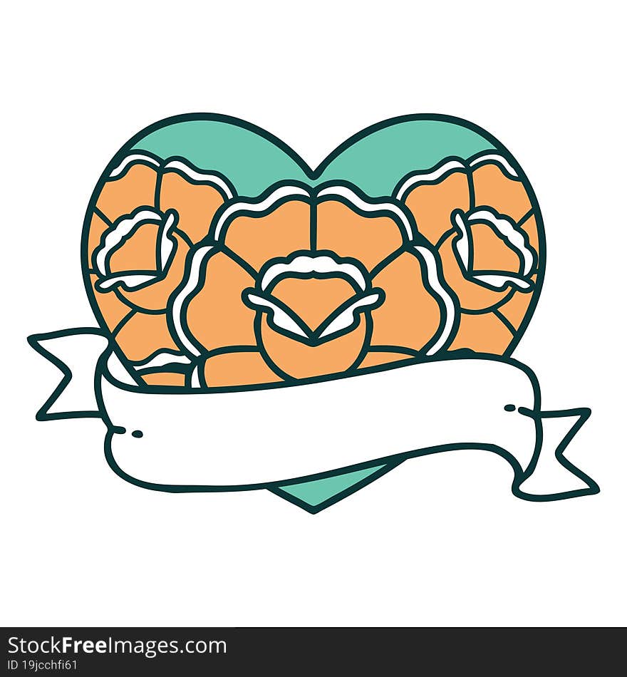 Tattoo Style Icon Of A Heart And Banner With Flowers