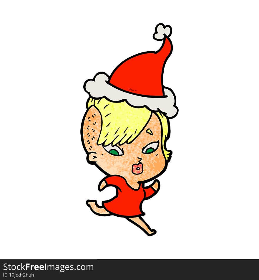 Textured Cartoon Of A Surprised Girl Wearing Santa Hat