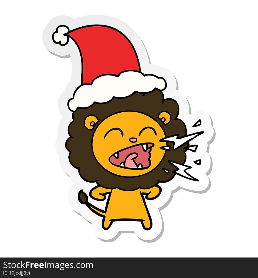 sticker cartoon of a roaring lion wearing santa hat