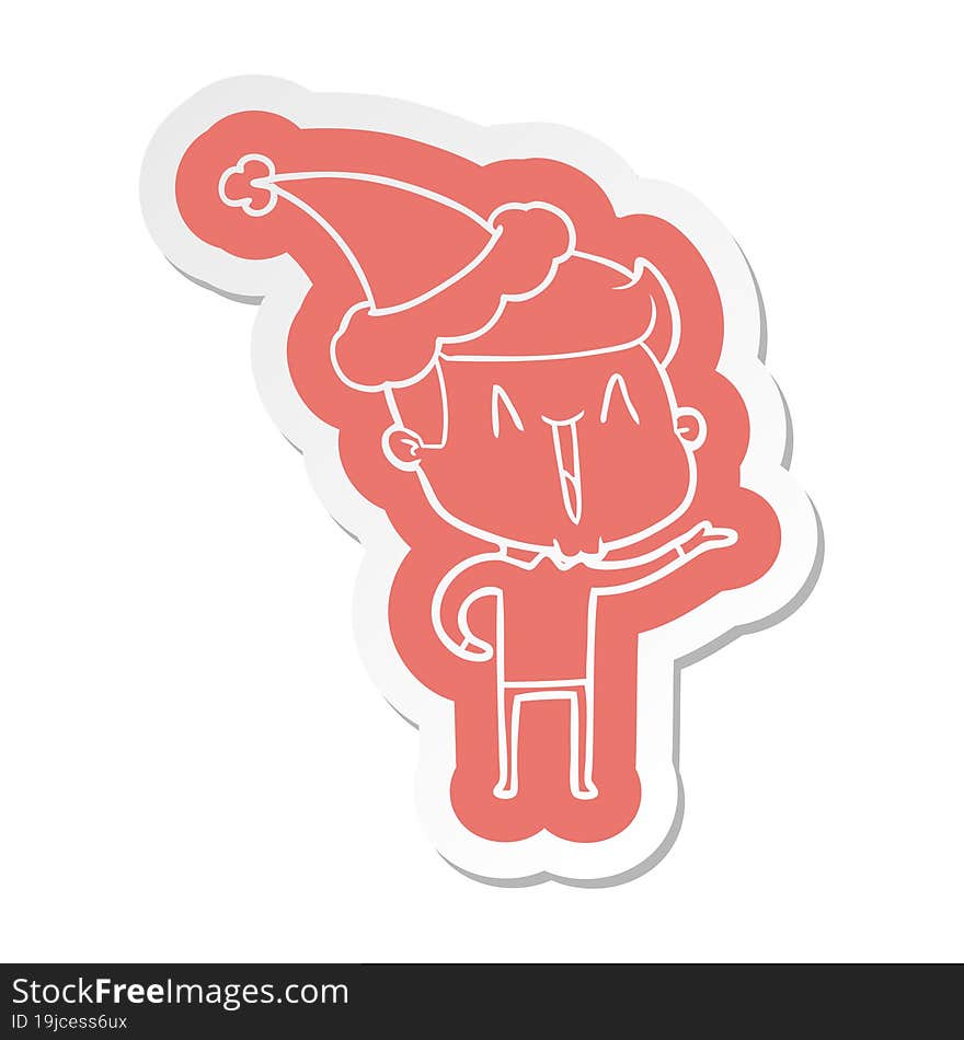 cartoon  sticker of a excited man wearing santa hat