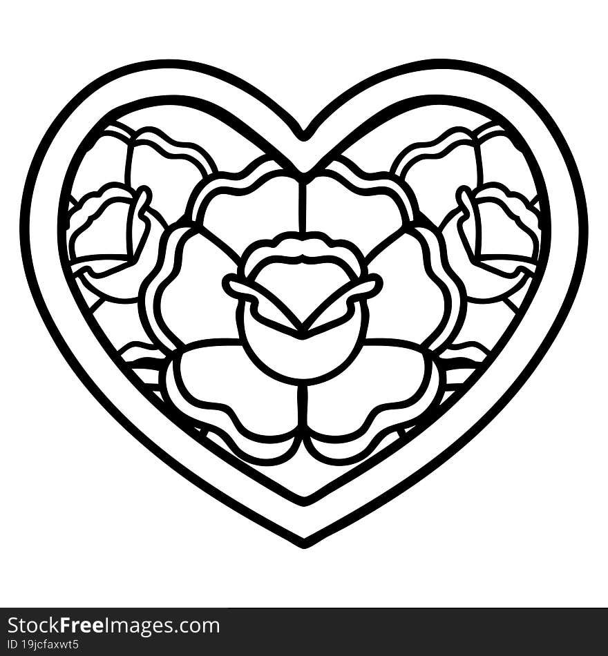 Black Line Tattoo Of A Heart And Flowers