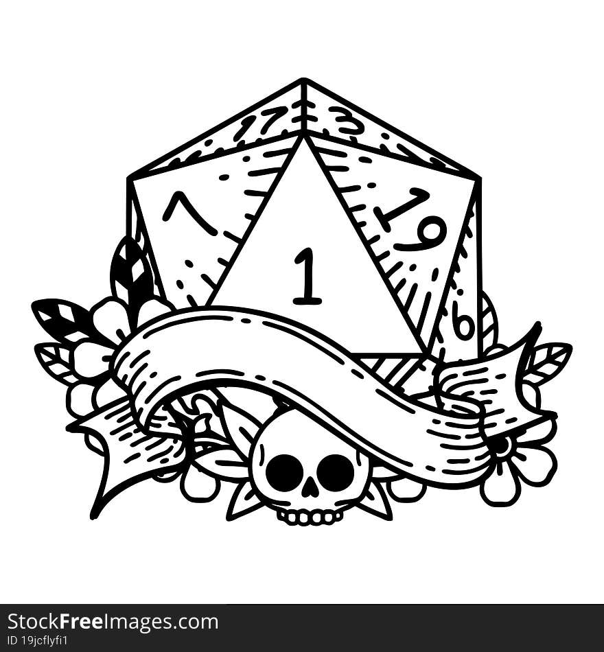 Black and White Tattoo linework Style natural one d20 dice roll. Black and White Tattoo linework Style natural one d20 dice roll