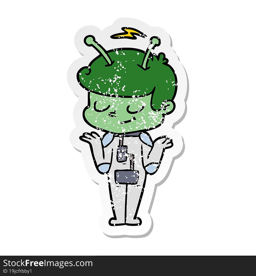 distressed sticker of a friendly cartoon spaceman shrugging