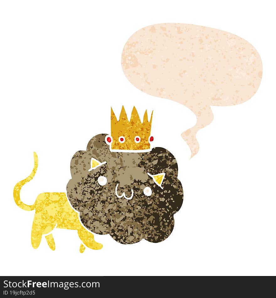 cartoon lion with crown and speech bubble in retro textured style