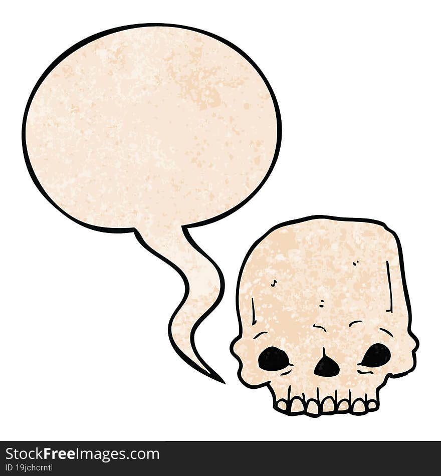 cartoon spooky skull and speech bubble in retro texture style