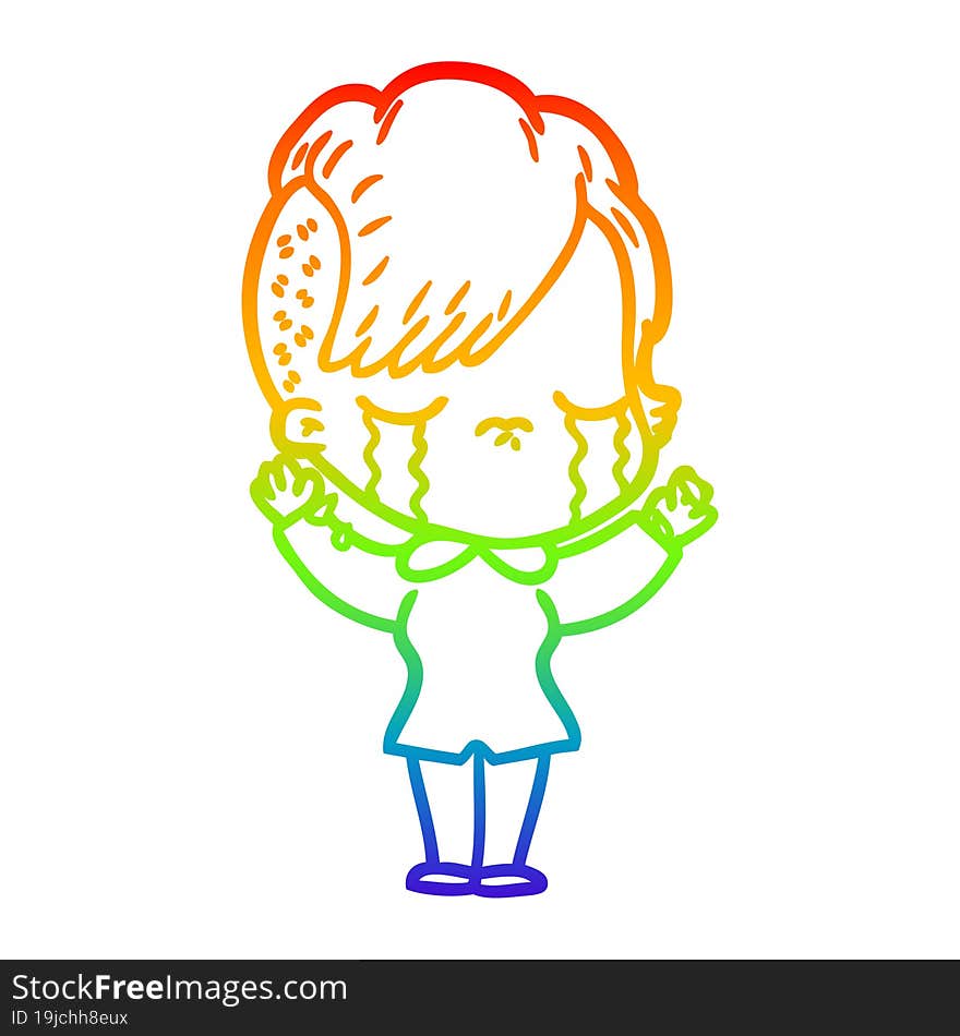 rainbow gradient line drawing of a cartoon crying girl