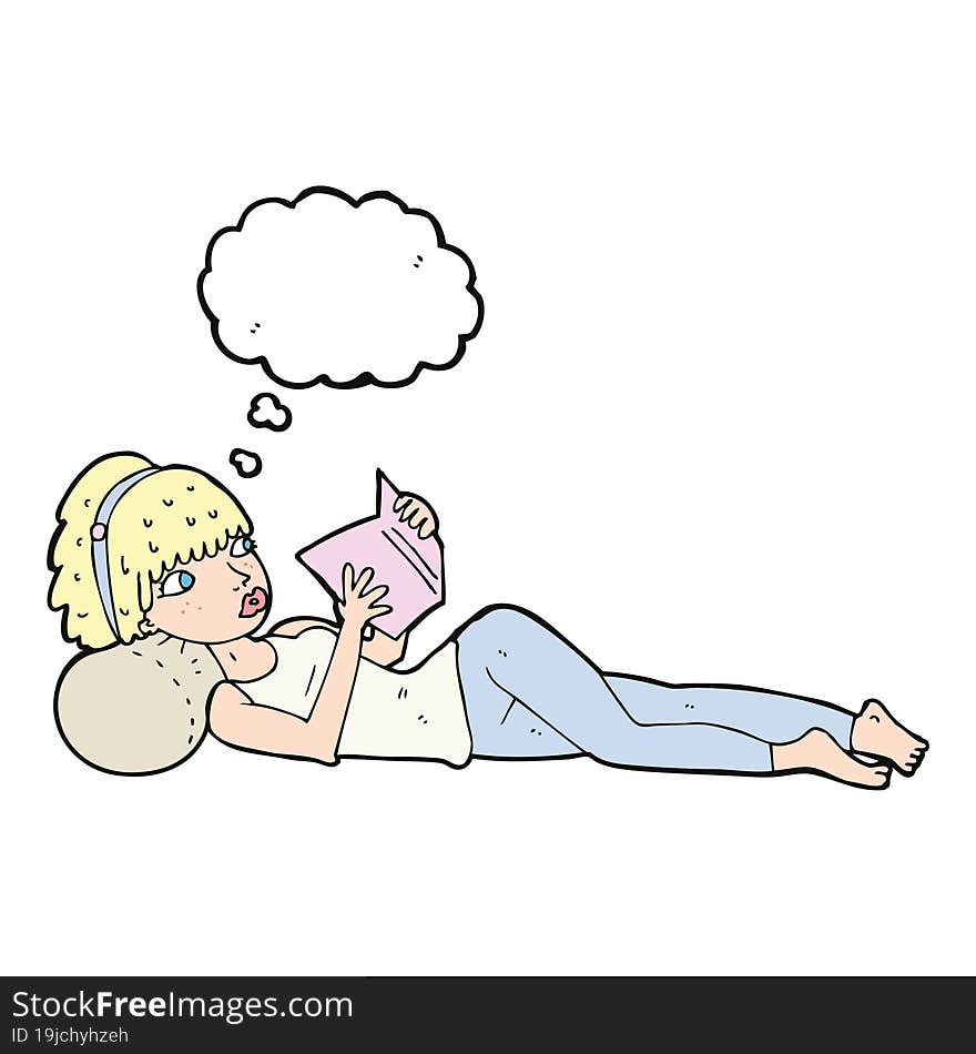 Cartoon Pretty Woman Reading Book With Thought Bubble