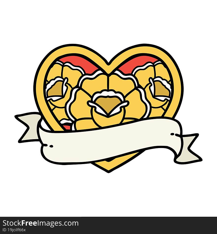 tattoo in traditional style of a heart and banner with flowers. tattoo in traditional style of a heart and banner with flowers