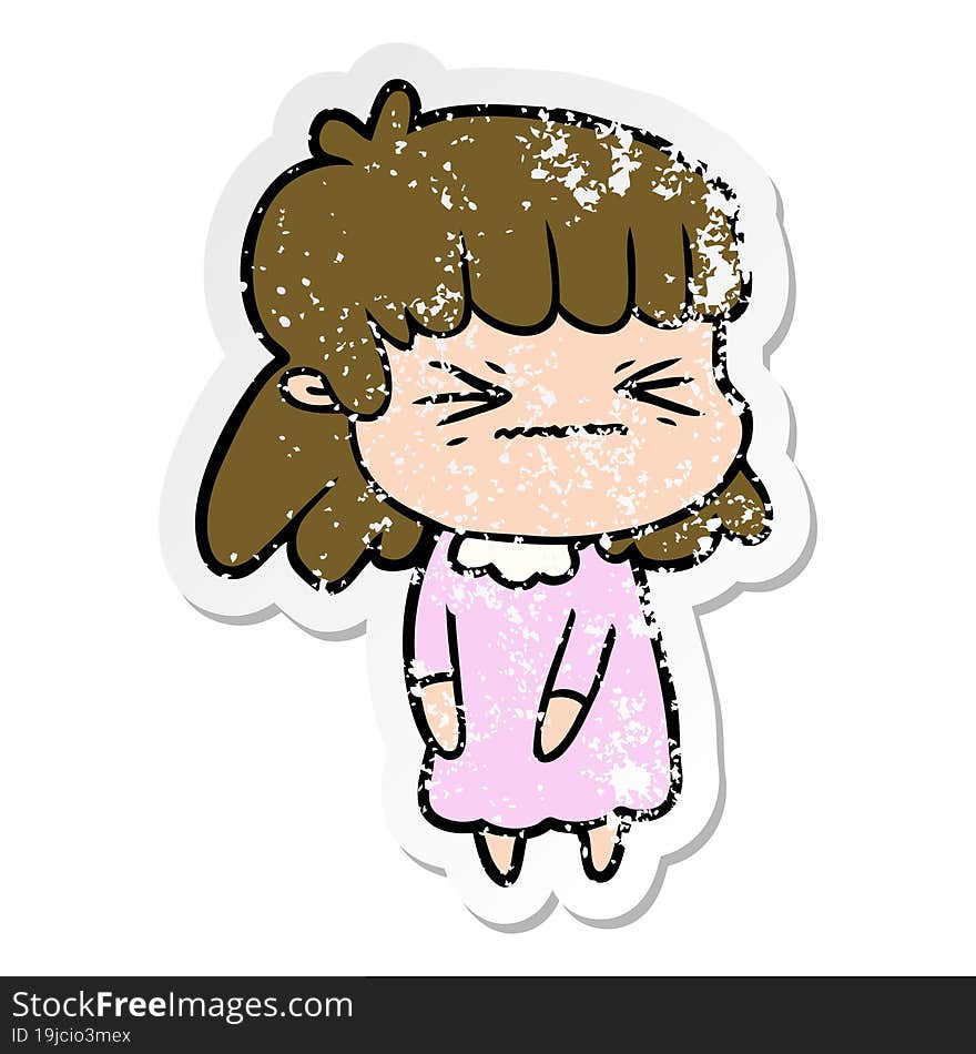 distressed sticker of a cartoon angry girl