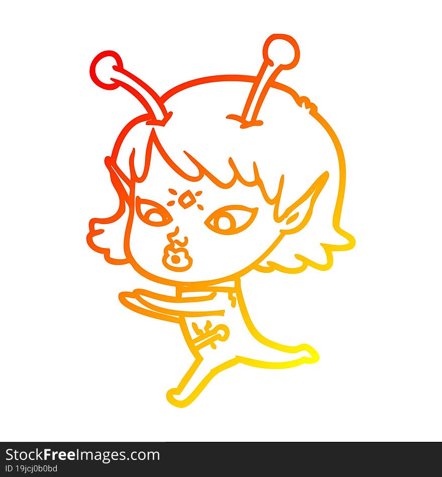 Warm Gradient Line Drawing Pretty Cartoon Alien Girl