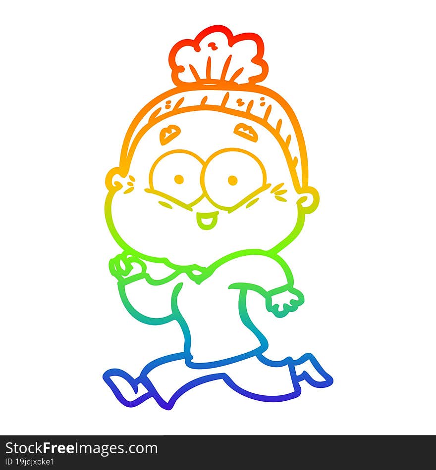 rainbow gradient line drawing of a cartoon happy old woman