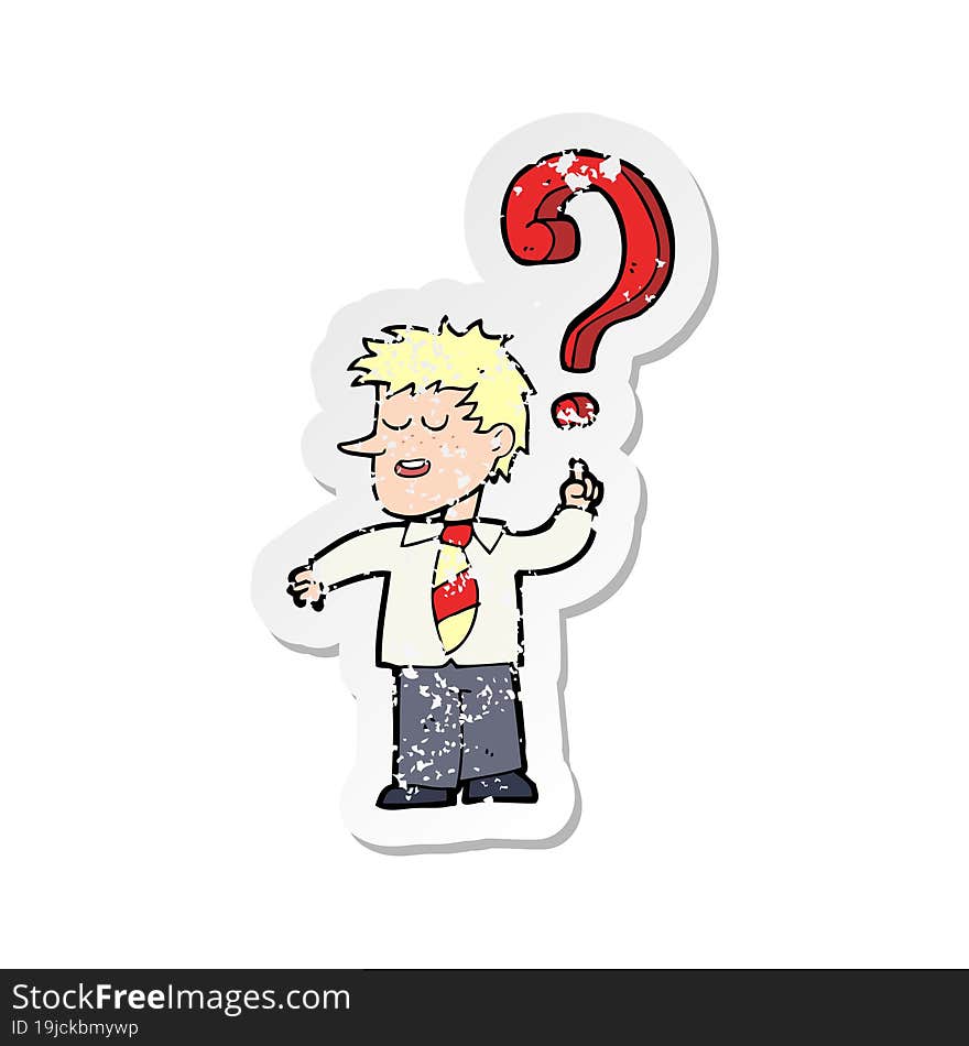 retro distressed sticker of a cartoon school boy with question