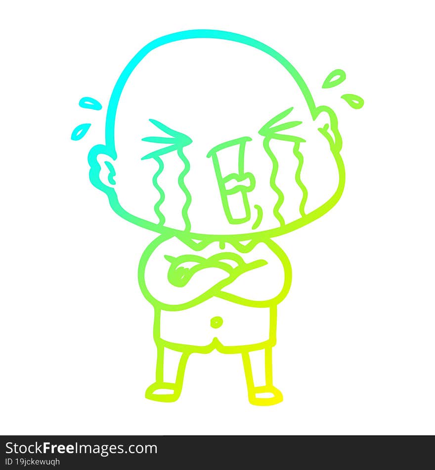 Cold Gradient Line Drawing Cartoon Crying Bald Man