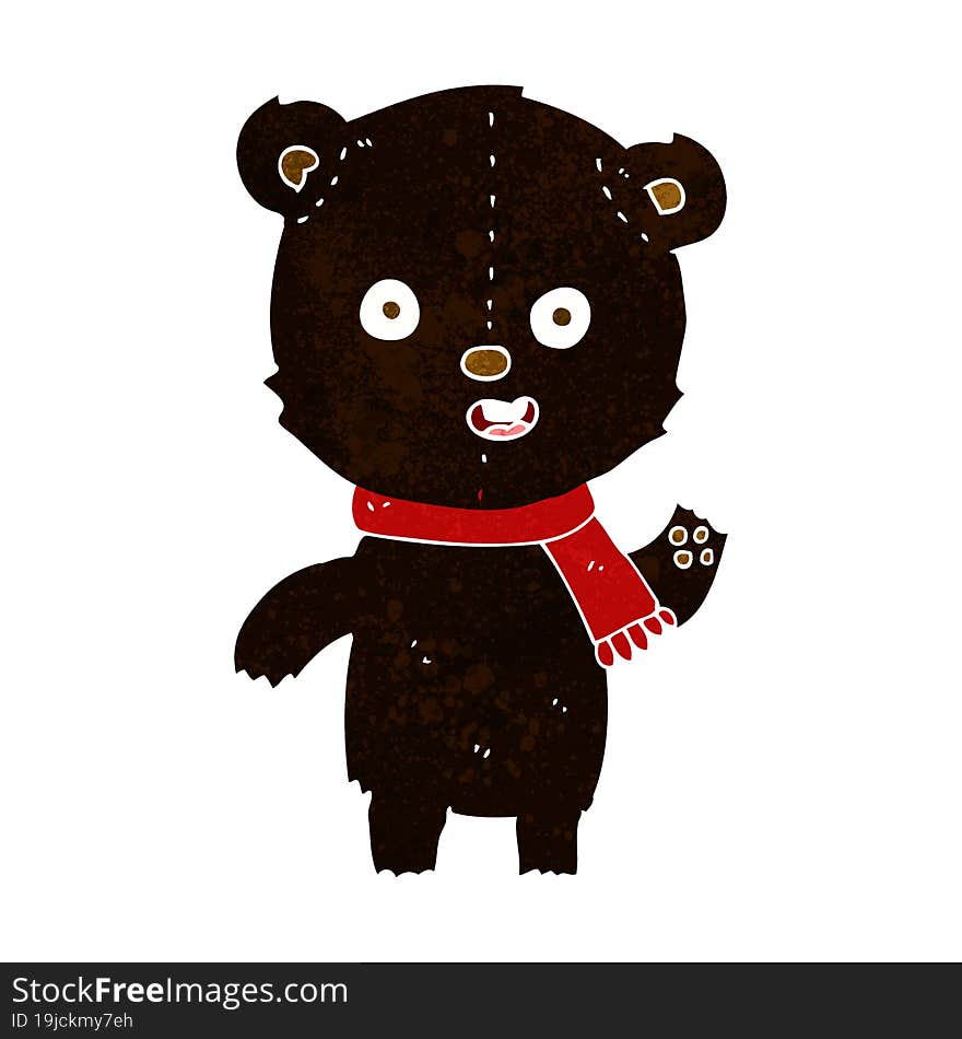 cartoon waving black bear cub with scarf