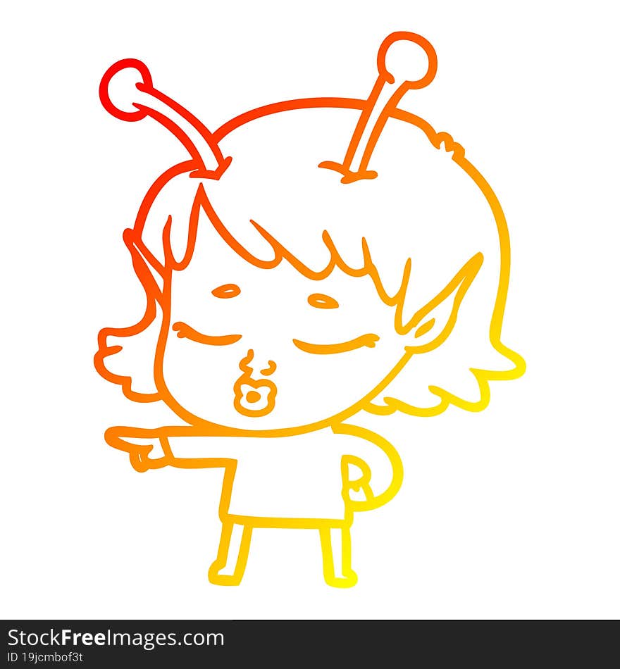 warm gradient line drawing cute alien girl cartoon pointing