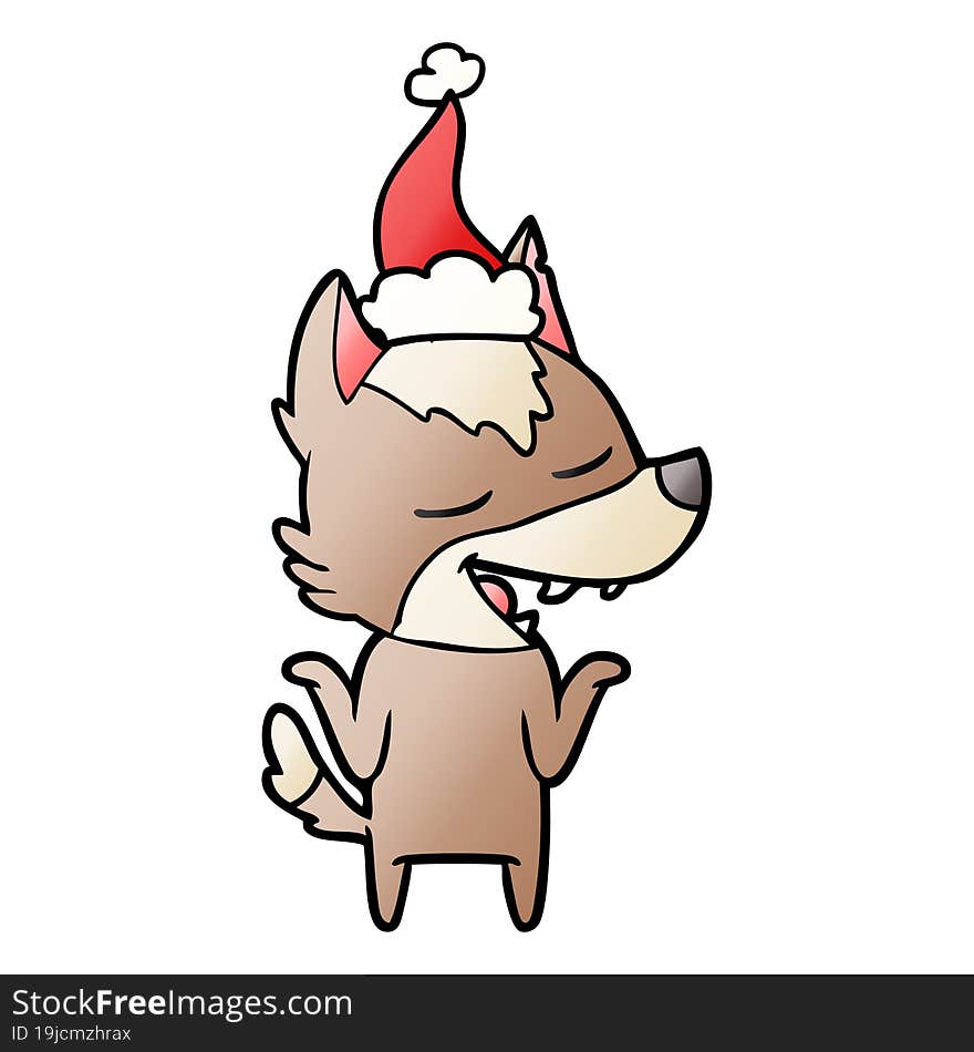 gradient cartoon of a wolf laughing wearing santa hat