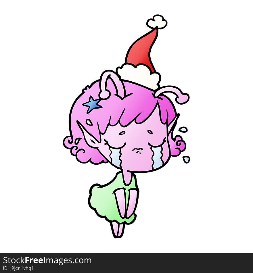 hand drawn gradient cartoon of a crying alien girl wearing santa hat