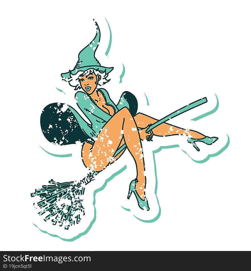 distressed sticker tattoo in traditional style of a pinup witch. distressed sticker tattoo in traditional style of a pinup witch