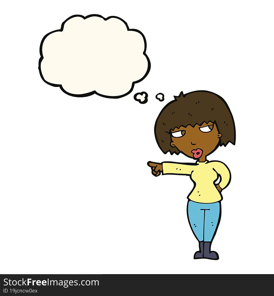 cartoon annoyed woman pointing with thought bubble