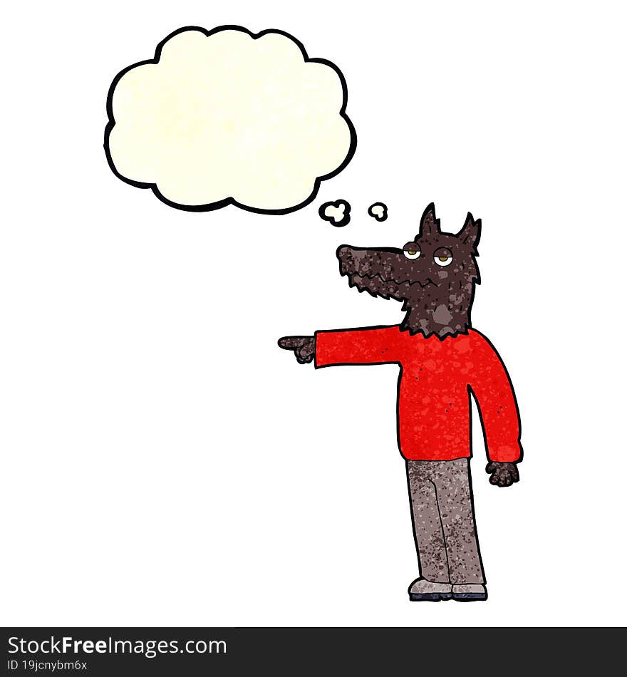 cartoon wolf man pointing with thought bubble