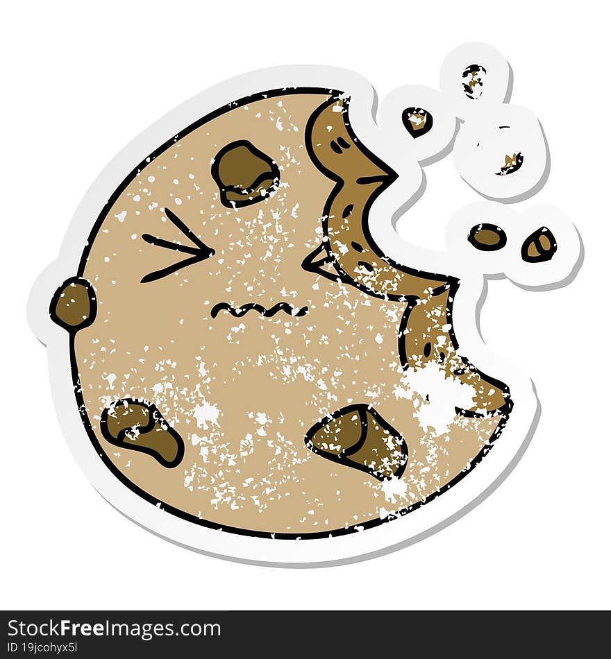 distressed sticker of a quirky hand drawn cartoon munched cookie