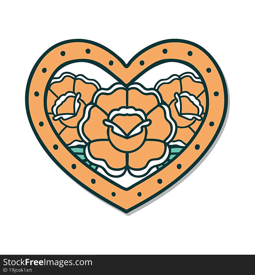 sticker of tattoo in traditional style of a heart and flowers. sticker of tattoo in traditional style of a heart and flowers