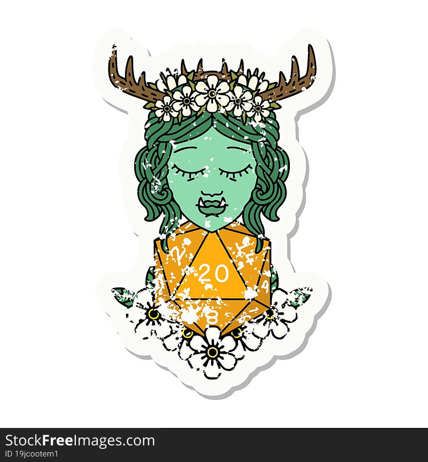 half orc druid with natural twenty dice roll grunge sticker