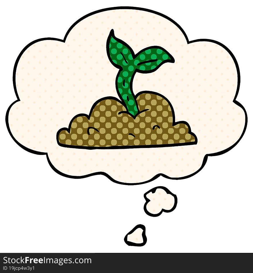 cartoon growing seedling with thought bubble in comic book style