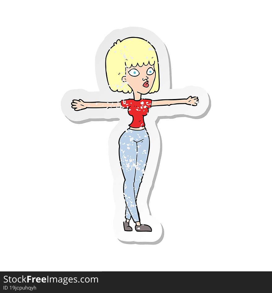 retro distressed sticker of a cartoon woman spreading arms