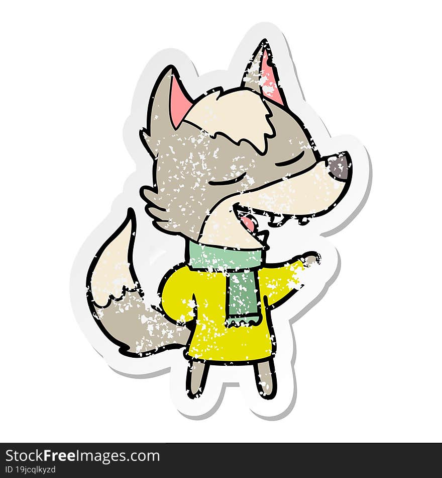 Distressed Sticker Of A Cartoon Wolf In Scarf Laughing