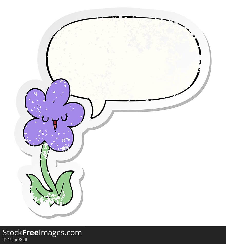 cartoon flower and happy face and speech bubble distressed sticker