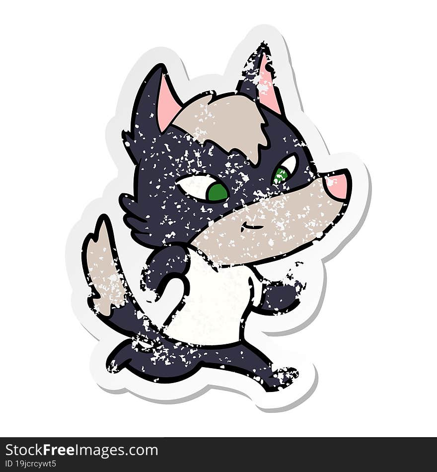 distressed sticker of a friendly cartoon wolf