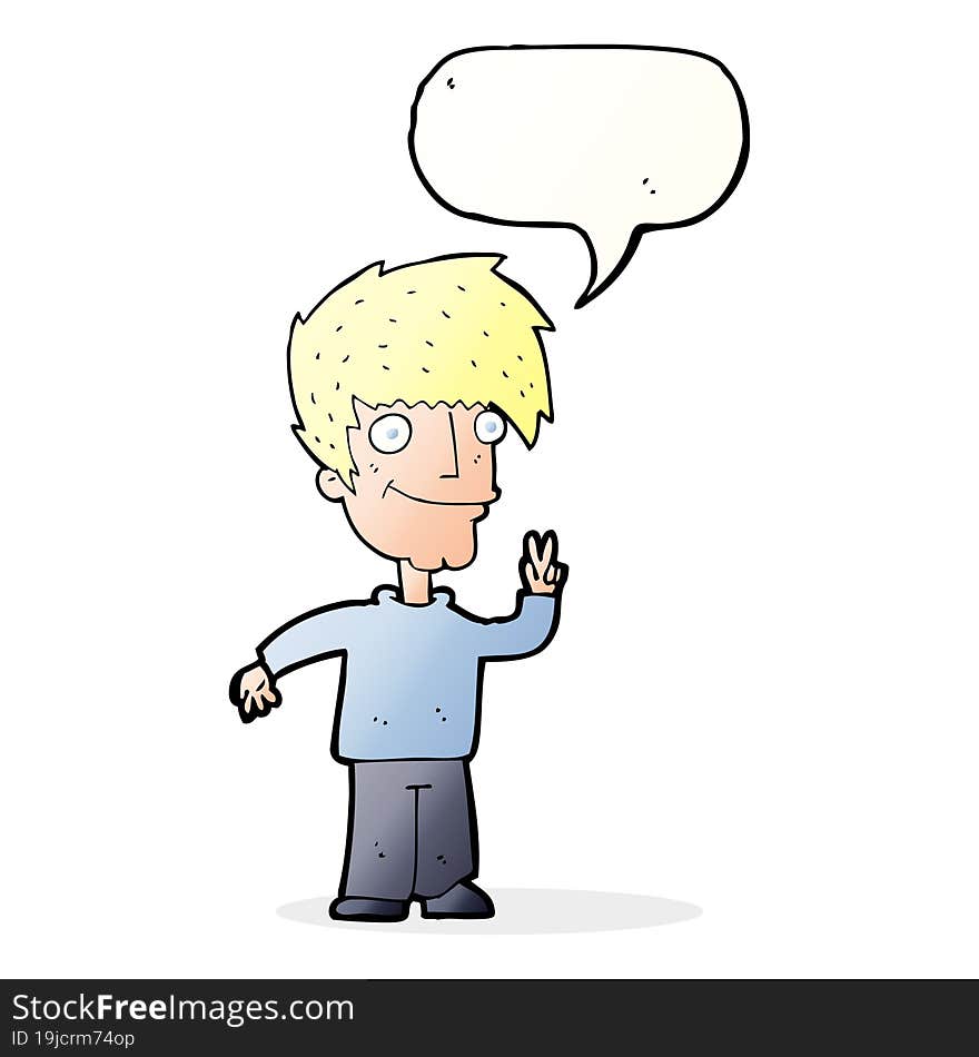 cartoon man giving peace sign with speech bubble