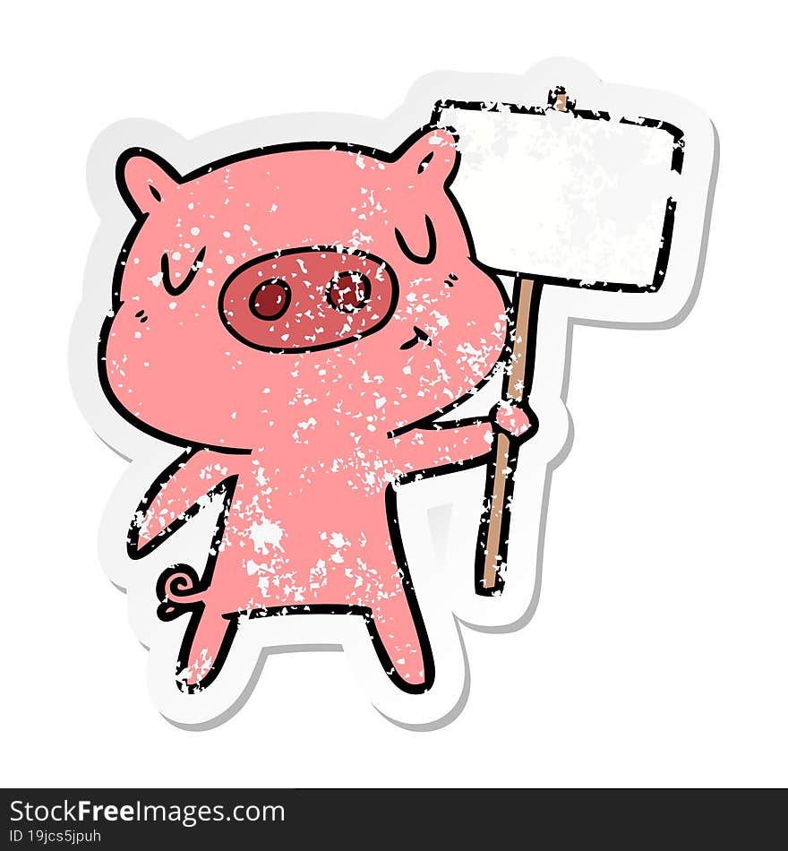 Distressed Sticker Of A Cartoon Content Pig Signpost;sign